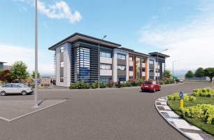 3 storey office building, with large car park and hardstanding