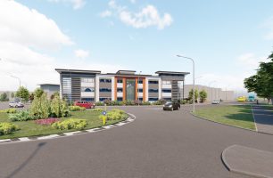 3 storey office building, with large car park and hardstanding