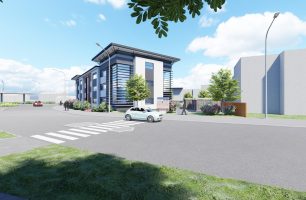 3 storey office building, with large car park and hardstanding